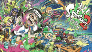 來自遊戲Splatoon 2的動漫角色在彩色墨水戰鬥中。 — Splatoon GIF 壁紙