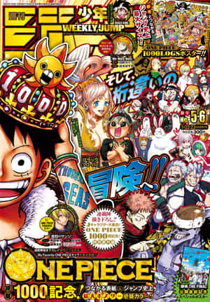 One Piece動漫角色在色彩繽紛的雜誌封面上慶祝1000集。 — 火影忍者 佐助 GIF 壁紙