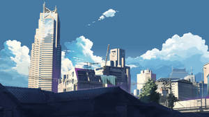 動漫城市天際線，現代塔樓和傳統屋頂在藍天白雲下。 — 藍天 壁紙