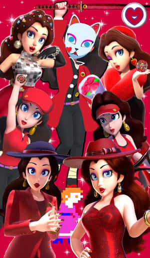 穿著紅色服裝的動漫角色在閃爍和貓面具中擺姿勢。 — Galaxy Tab A 壁紙