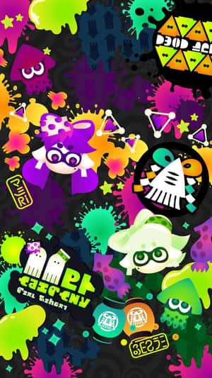 黑暗背景上的彩色卡通墨水飛濺角色。 — Splatoon GIF 壁紙