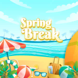Spring Break 海灘場景，有棕櫚樹、海洋和度假物品，在明亮的藍天下。 — iPad Air 11 壁紙