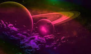 兩顆發光的外星行星帶有光環，被小行星環繞在色彩繽紛的星雲中。 — Realme 壁紙