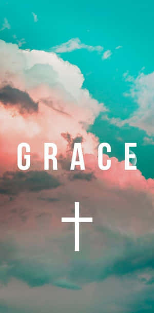 在色彩繽紛的天空和雲朵背景下，顯示grace和十字架的文字。 — 美學圖案 壁紙