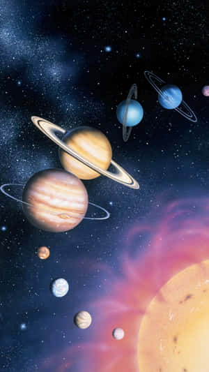 太陽系中行星圍繞著發光的太陽在星空下運行。 — 天空景觀 壁紙