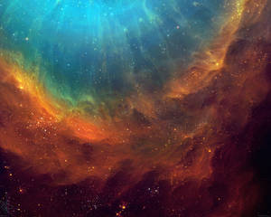 充滿活力的宇宙星雲，帶有旋轉的橙色和藍綠色雲層以及閃耀的星星。 — 星星 壁紙
