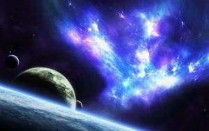 在深空中，發光的宇宙星雲伴隨著行星和衛星。 — Astroworld GIF 壁紙
