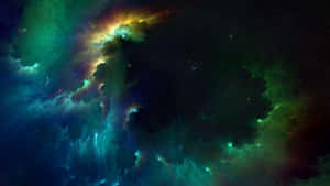 色彩繽紛的宇宙星雲，在深空中閃耀著雲彩和星星。 — 深綠色 壁紙
