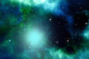在深空中，充滿活力的青綠色和藍色星雲，伴有閃爍的星星。