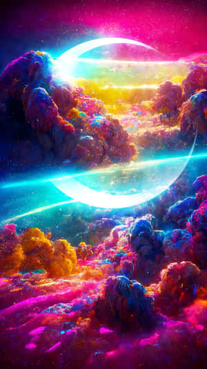 超現實的太空場景，帶有發光的霓虹雲和彎月。 — 天空美學 壁紙