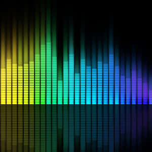 色彩繽紛的音頻均衡器條在黑暗背景上發光並帶有反射。 — 音樂美學 壁紙