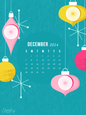 2014年12月日曆被懸掛在青綠色背景上的粉紅色和黃色裝飾包圍。 — 十二月 GIF 壁紙
