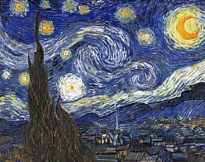 扭曲的柏樹襯托著村莊上空旋轉的星空。 — 星空夜 壁紙