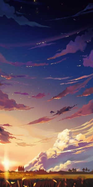 充滿活力的日落天空，帶有紫色橙色雲彩和星星，在金色田野和遠處樹木之上。 — 手機 壁紙