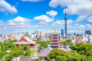 陽光明媚的天空下，東京城市景觀，擁有歷史悠久的寺廟和晴空塔。 — MacBook Pro M3 壁紙