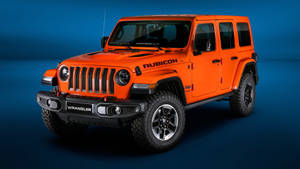 橙色Jeep Wrangler Rubicon在藍色工作室背景上 — 藍色美學 壁紙