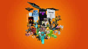 Minecraft 角色和生物以像素化人群形式聚集在橙色背景上。