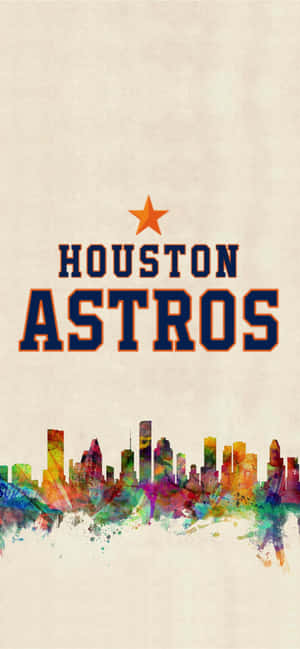 Houston Astros 標誌，下方有彩色水彩城市天際線，背景為米色。 — iPhone 15 Pro 壁紙