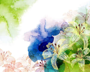 在水彩背景上帶有線條藝術細節的彩色百合。 — 花系美學 壁紙