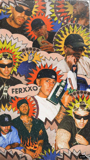 戴著帽子和太陽眼鏡的男人的拼貼畫，帶有爆炸性的星爆背景和「FERXXO」文字。 — 美學拼貼 壁紙