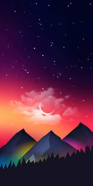 在色彩繽紛的黃昏天空下，星星和彎月襯托出山脈的剪影。 — Pixel 3 壁紙