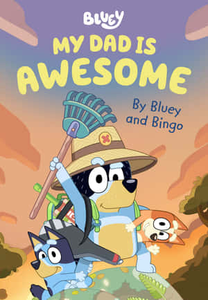 Bluey 和 Bingo 與他們的爸爸在卡通風景中拿著耙子。