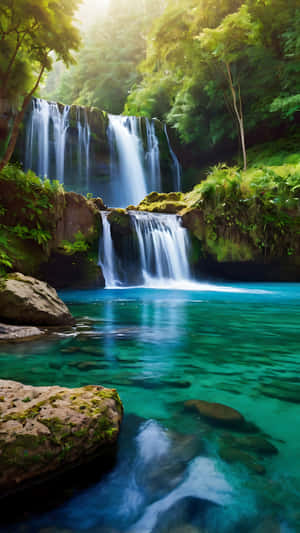 多層瀑布流入茂密綠色叢林中的碧綠水潭。