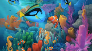 色彩繽紛的水下場景，有魚類、海馬和珊瑚礁。 — 海底奇兵 GIF 壁紙