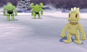 黃色企喺雪地上面面對兩隻綠色肌肉發達嘅。