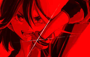 黑髮的動漫少女在紅色單色場景中握著劍。 — 靚靚動畫 壁紙