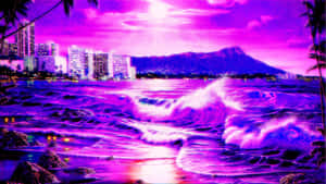 夜間，霓虹紫色的海浪在城市的燈光和山脈附近拍打。 — 淺紫色動態圖片 壁紙