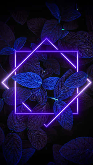 數位藝術風格中深藍色葉片上的霓虹紫色幾何框架。 — 紫色 iPhone 壁紙