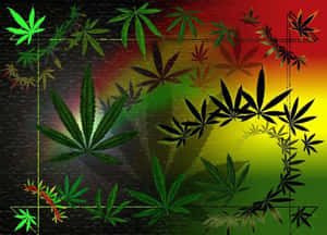 綠色、黃色和紅色大麻葉在紋理深色背景上形成發光邊框。 — 食草 壁紙