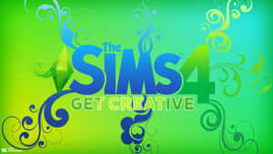 The Sims 4 遊戲標誌，在漸變背景上帶有旋轉的綠色和藍色裝飾元素。 — 反斗奇兵4 壁紙