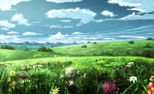 茂密的綠色草地，色彩繽紛的花朵，藍天下的遠山。 — 2880x1800 壁紙