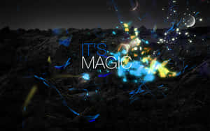 發光的藍色和黃色魔法粒子在黑暗岩石上爆發，帶有「IT'S MAGIC」文字。 — 魔法 GIF 壁紙