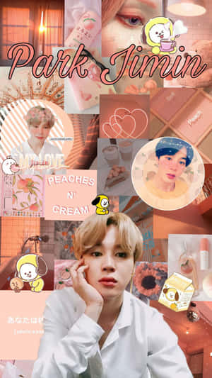 以蜜桃為主題的拼貼， featuring Park Jimin、卡通角色和美容產品。 — Jimin GIF 壁紙