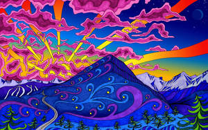 色彩繽紛的插圖山景，有蜿蜒的道路和超現實的天空。 — 抽象藝術 壁紙