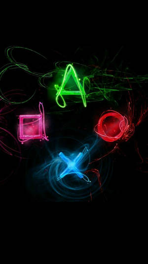 霓虹 PlayStation 控制器符號在黑暗背景上發光。 — 安卓 壁紙