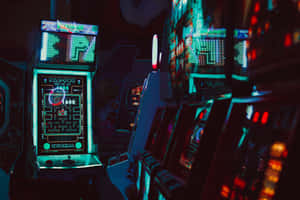霓虹燈街機在黑暗的遊戲室中發光，Pac-Man 突出顯示。 — MacBook Pro 壁紙