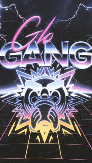 Glo Gang 標誌，帶有霓虹骷髏和閃電，背景為數位網格。 — 黑幫 壁紙