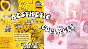 黃色和粉紅色的勵志拼貼，帶有心形、花朵和 Vogue 文字。 — 美學拼貼 壁紙