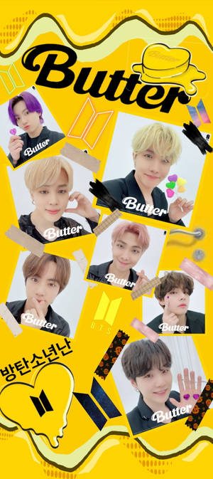 BTS成員身穿黑色服裝，在黃色背景上手持糖果，帶有'Butter'文字。 — Pixel 11 壁紙