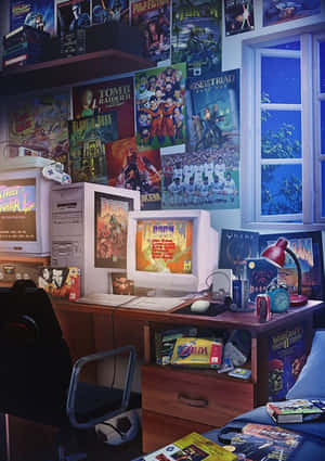 夜晚雜亂的遊戲玩家房間，有海報、遊戲和發光的電腦顯示器。 — 遊戲 壁紙