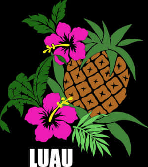 熱帶木槿花和菠蘿，搭配綠葉，黑色背景上寫有「LUAU」字樣。 — Honor Magic V Flip 2 壁紙
