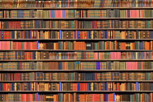 木質圖書館書架上排列著色彩繽紛的復古書籍。