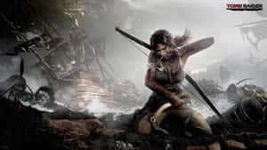 Tomb Raider 角色在波濤洶湧的大海中瞄準弓箭，背景有沉船 — 遊戲 壁紙
