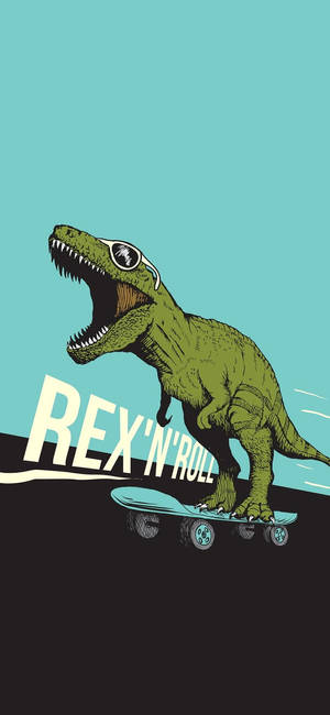 綠色暴龍戴太陽眼鏡踩滑板，上有「REX'N'ROLL」字樣。