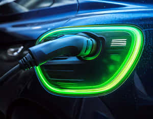 電動車已插上電源，帶有發光的綠色充電口和表面的水滴。 — 8K 壁紙