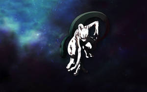 白色貓科生物帶有綠色環漂浮在宇宙星雲中。